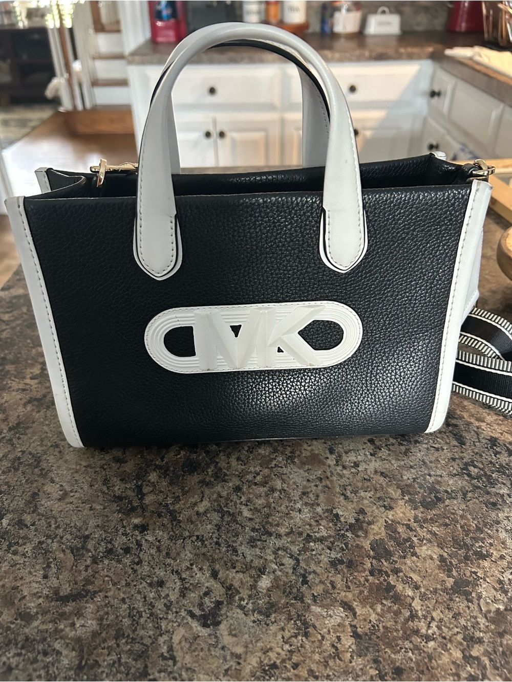 Michael Kors Black and White Logo Satchel with Striped Strap